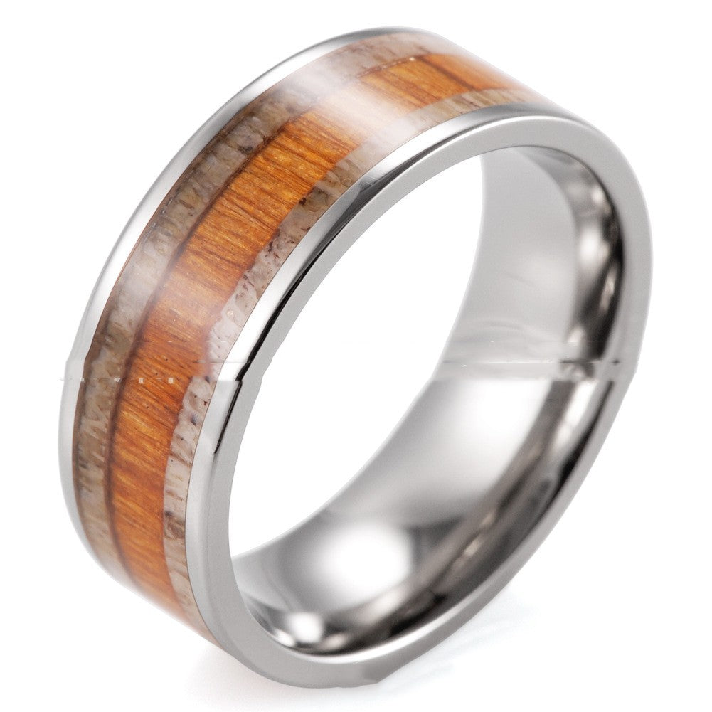 Pure Titanium Inlaid Natural Antlers Plus Wood Combined Ring Set