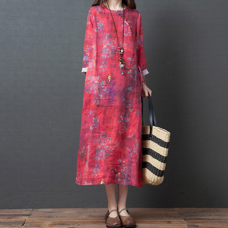 Spring And Autumn New Products Loose Cotton Linen Large Size Printed Oblique Lapel Thinning Long Sleeve Ethnic Linen Midi Dress