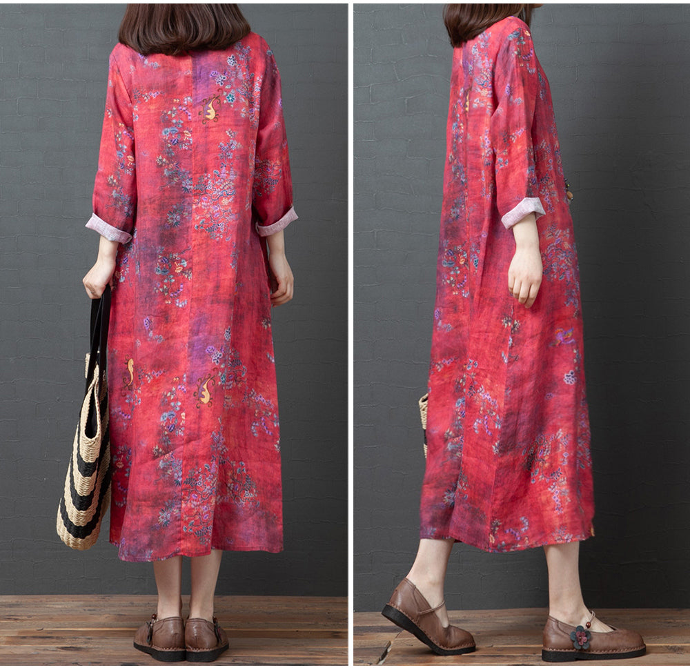 Spring And Autumn New Products Loose Cotton Linen Large Size Printed Oblique Lapel Thinning Long Sleeve Ethnic Linen Midi Dress