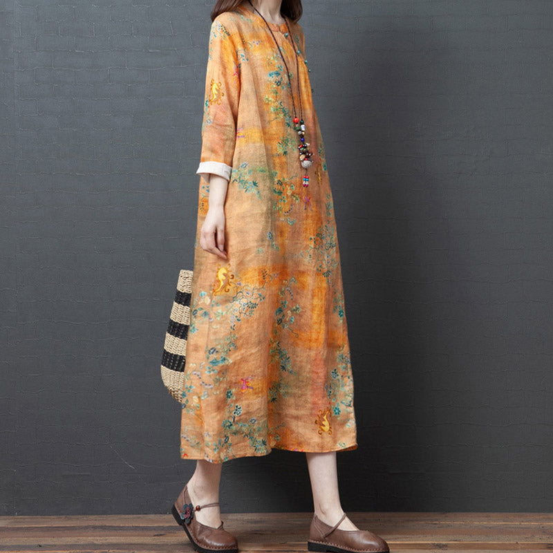 Spring And Autumn New Products Loose Cotton Linen Large Size Printed Oblique Lapel Thinning Long Sleeve Ethnic Linen Midi Dress