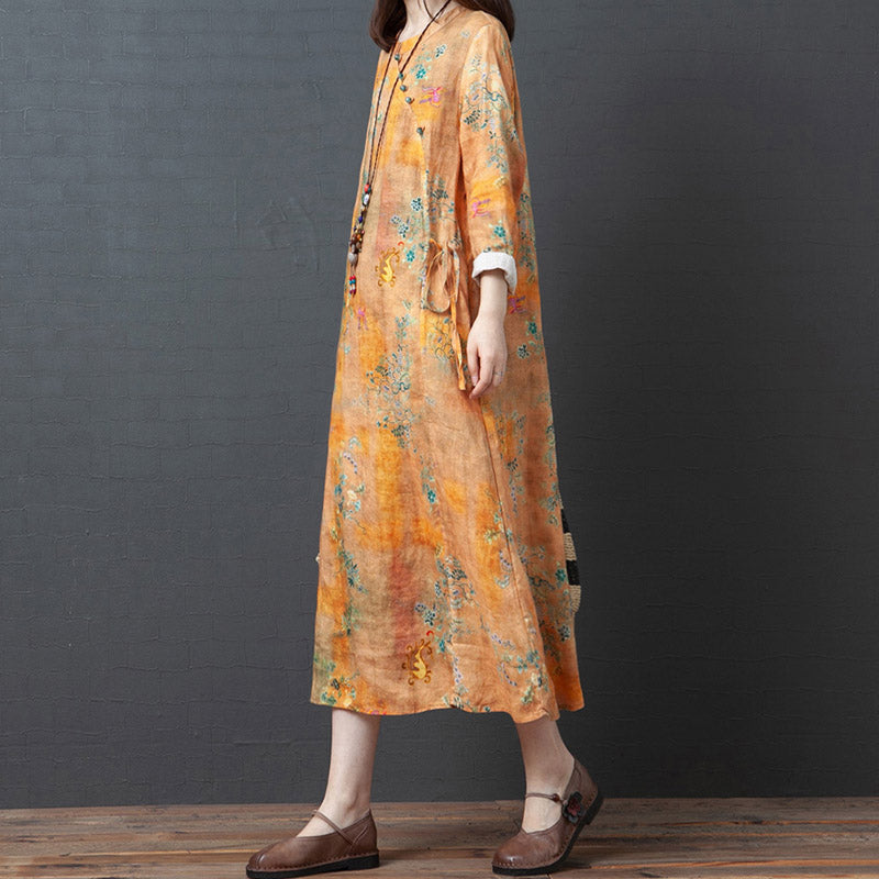 Spring And Autumn New Products Loose Cotton Linen Large Size Printed Oblique Lapel Thinning Long Sleeve Ethnic Linen Midi Dress