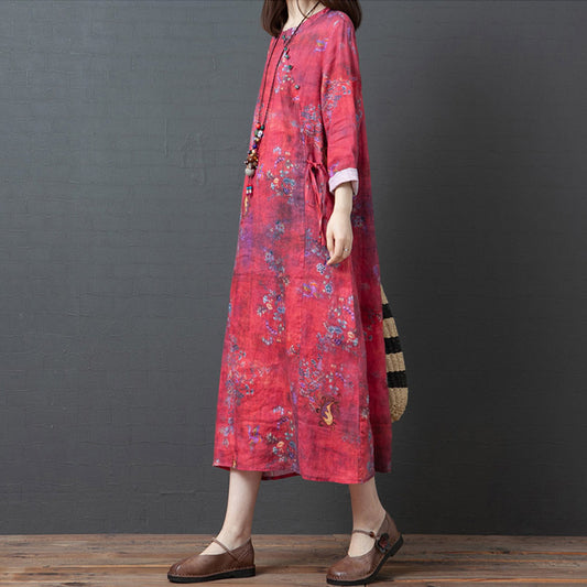 Spring And Autumn New Products Loose Cotton Linen Large Size Printed Oblique Lapel Thinning Long Sleeve Ethnic Linen Midi Dress