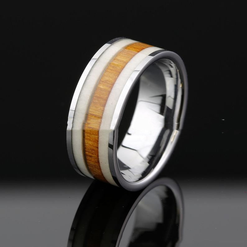 Pure Titanium Inlaid Natural Antlers Plus Wood Combined Ring Set