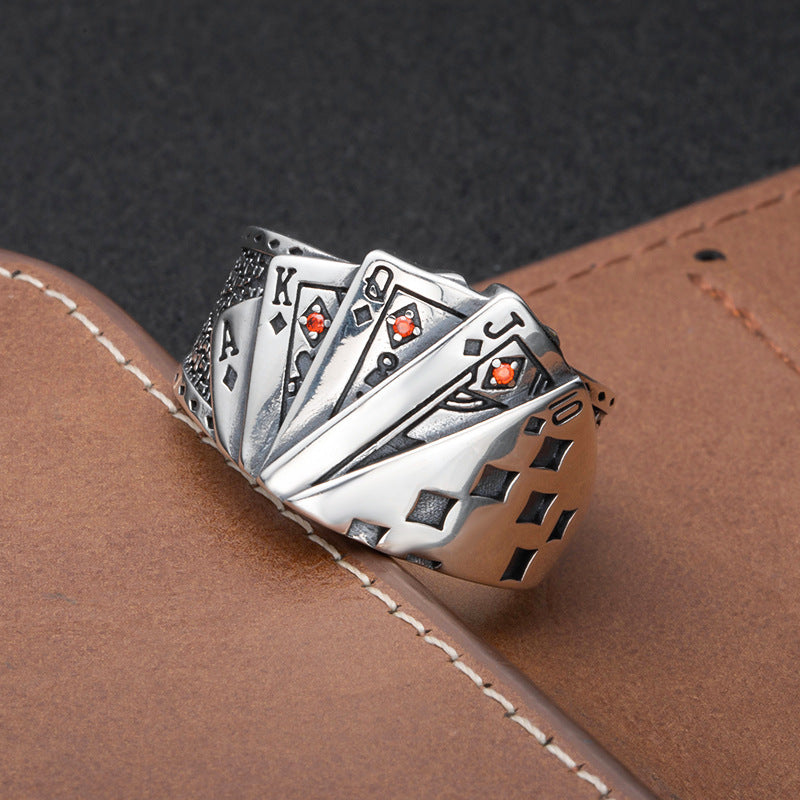 Tonghuashun Poker Brand Sterling Silver Ring Men's Retro