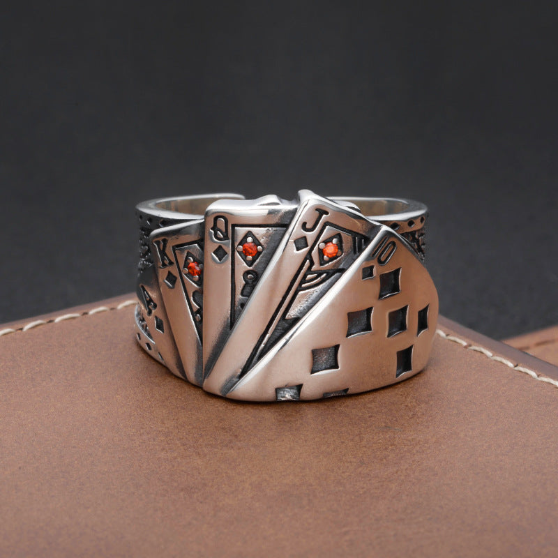 Tonghuashun Poker Brand Sterling Silver Ring Men's Retro