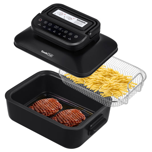 Geek Chef 7 In1 Smokeless Electric Indoor Grill With Air Fry, Roast, Bake, Portable 2 In 1 Indoor Tabletop Grill & Griddle With Preset Function, Removable Non-Stick Plate, Air Fryer Basket, Ban Amazon