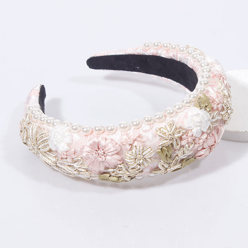 Imitation Pearl Retro Headband Floral Woven Fabric