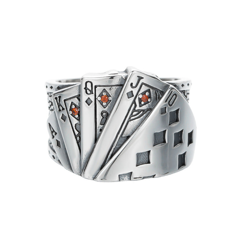 Tonghuashun Poker Brand Sterling Silver Ring Men's Retro