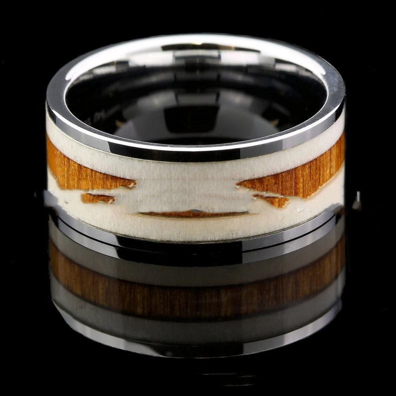 Pure Titanium Inlaid Natural Antlers Plus Wood Combined Ring Set