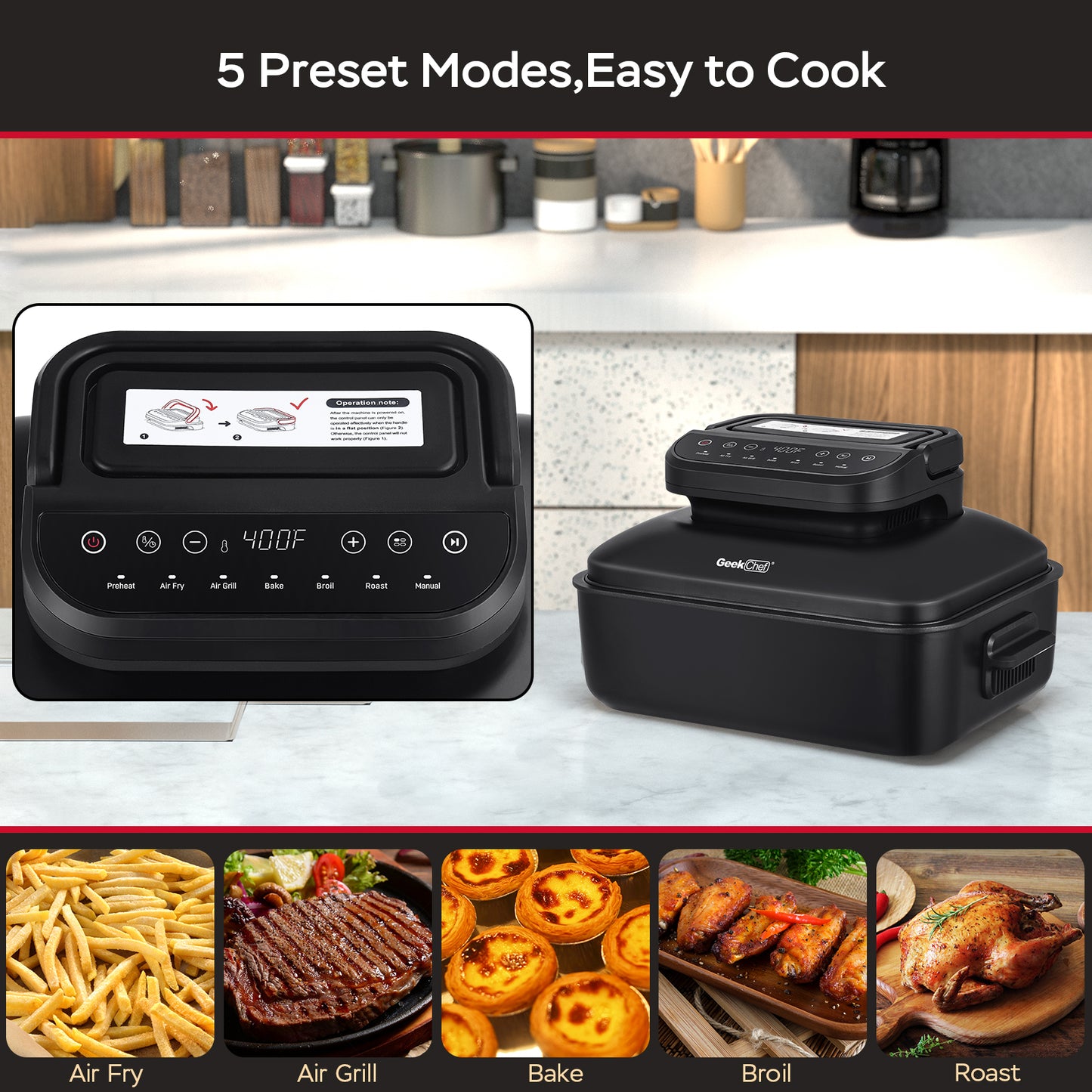 Geek Chef 7 In1 Smokeless Electric Indoor Grill With Air Fry, Roast, Bake, Portable 2 In 1 Indoor Tabletop Grill & Griddle With Preset Function, Removable Non-Stick Plate, Air Fryer Basket, Ban Amazon